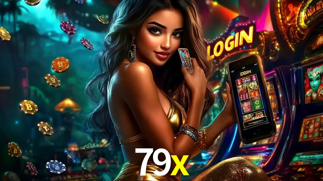 Mulher em um cenário de cassino temático de aventura, mostrando o app de caça-níqueis da 79x no celular. Fichas de apostas flutuam ao redor.