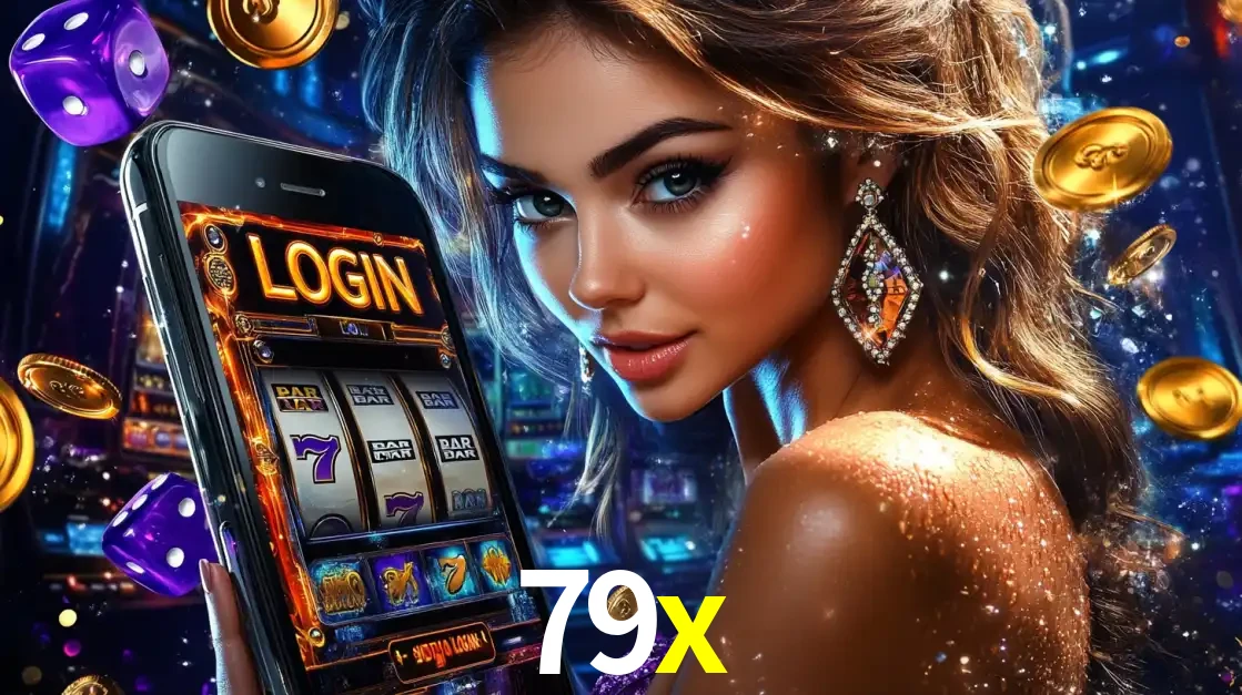 Mulher glamorosa segurando um smartphone com a tela de login para os jogos de caça-níqueis do cassino online 79x, com moedas de ouro e dados ao redor.