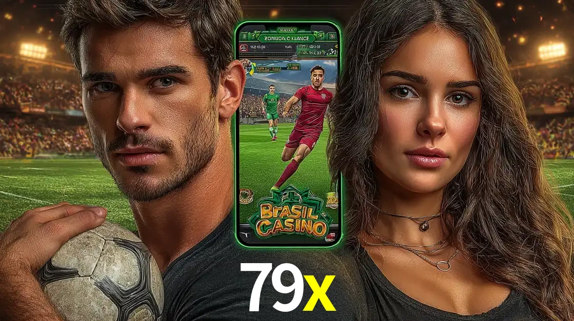 Homem segurando uma bola de futebol e uma mulher ao lado de um smartphone exibindo o jogo de apostas esportivas da 79x. Faça seu palpite no cassino online.